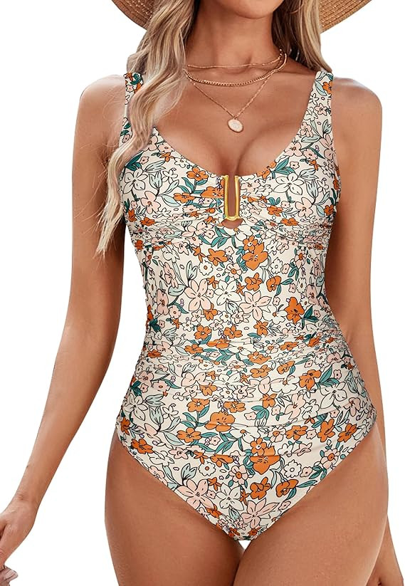 BMJL Women's Tummy Control Swimsuits Ruched Slimming One Piece Bathing Suit Deep V Neck Swimsuit | Amazon (US)