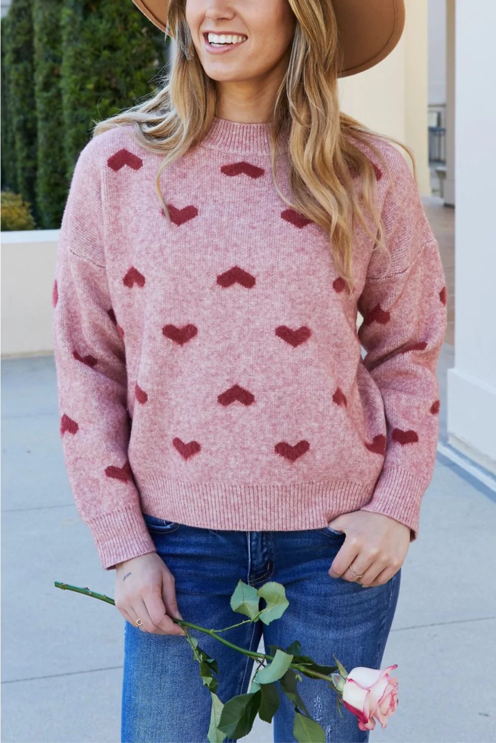 'Adora' Full Size Heart Pattern Dropped Shoulder Sweater | Goodnight Macaroon