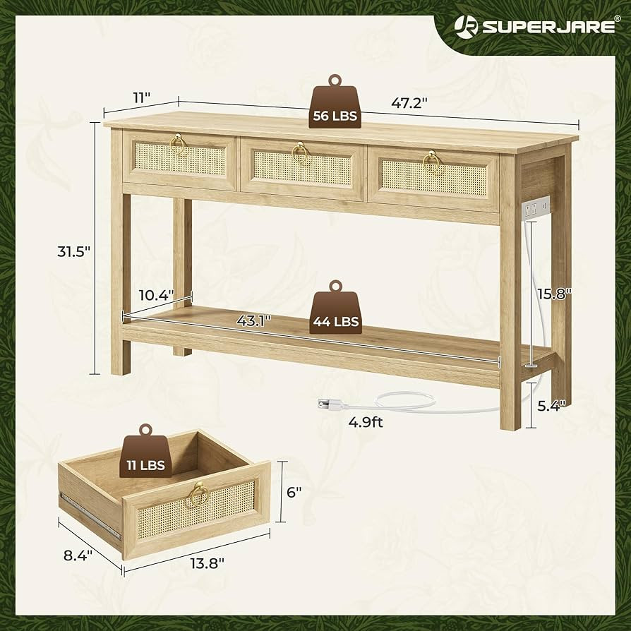 SUPERJARE Rattan Console Sofa Table with Outlets and USB-C Port, 3 Drawer Entryway Table with Syn... | Amazon (US)