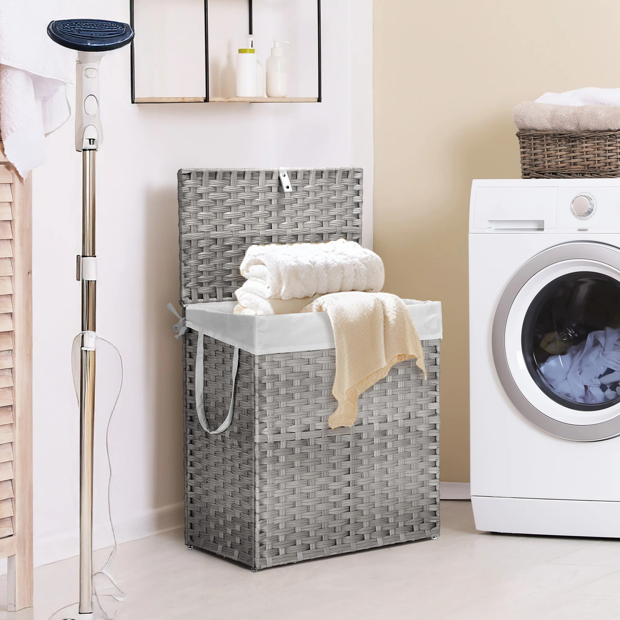 Wicker Laundry Hamper with Lid, 90L/110L Storage Capacity Wicker Clothes Basket with Handle and R... | Wayfair North America