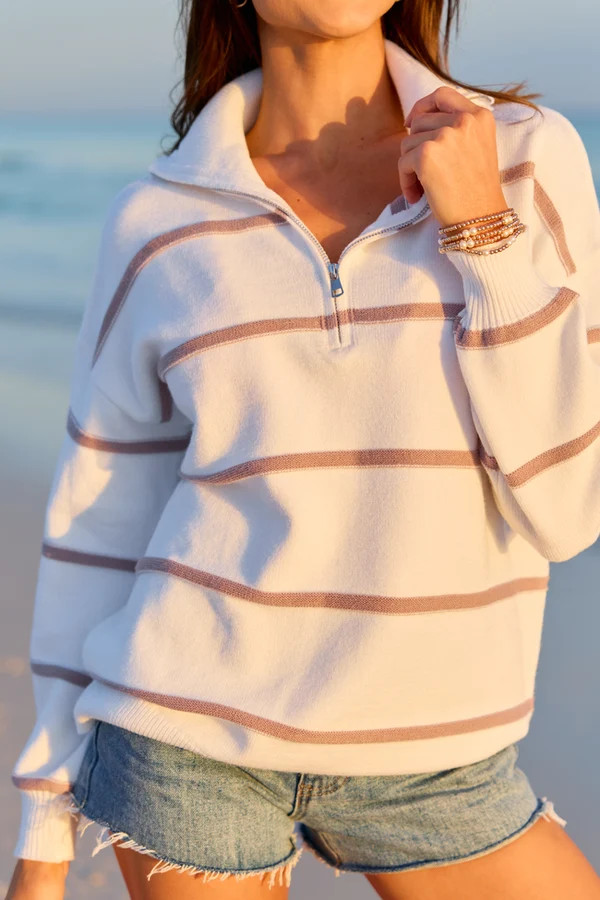 Sunday Stripe Club White And Taupe Quarter Zip | Pink Lily