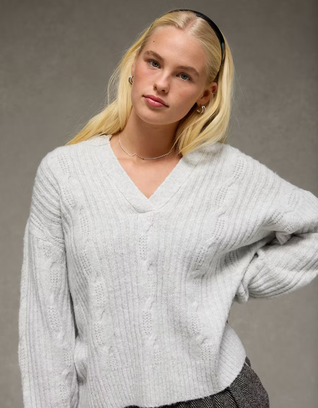 AE Whoa So Soft Notch Neck Cable Sweater | American Eagle Outfitters (US & CA)