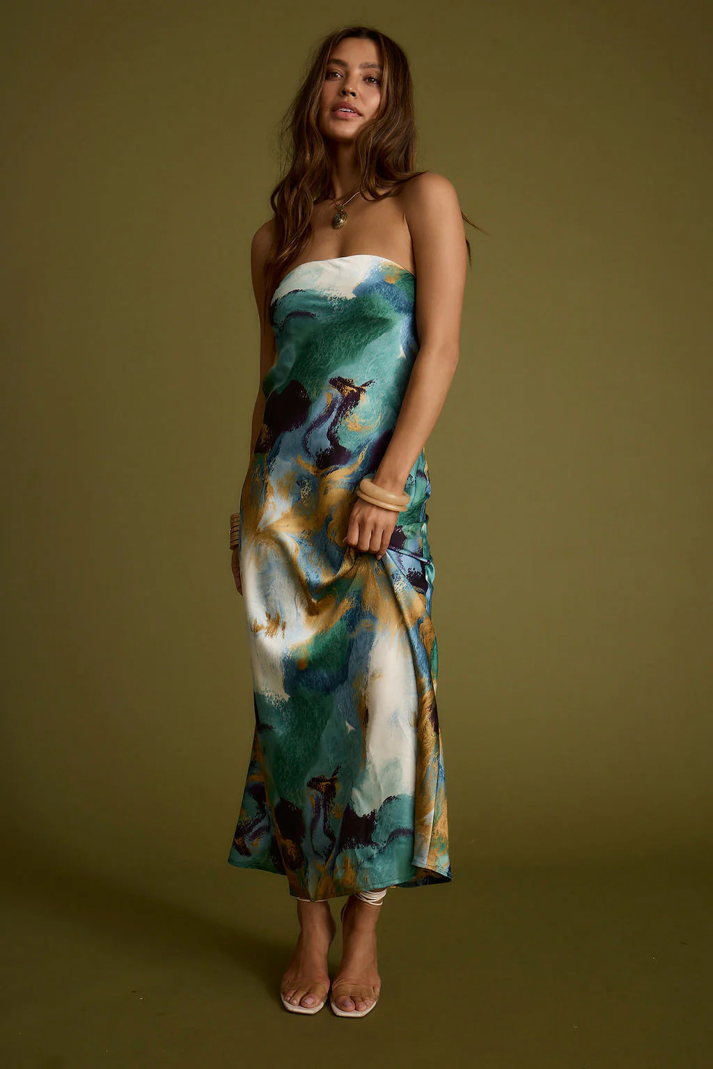Natalia Blue and Gold Watercolor Strapless Maxi Dress | 12th Tribe