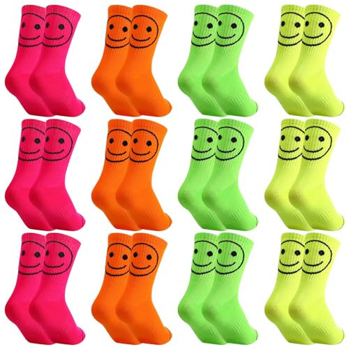 ShinyMatch 12 Pairs Neon Socks Cute Smiling Face Neon Novelty Crew Smile Face Socks for Women Teen Girls(Classic Color) | Amazon (US)