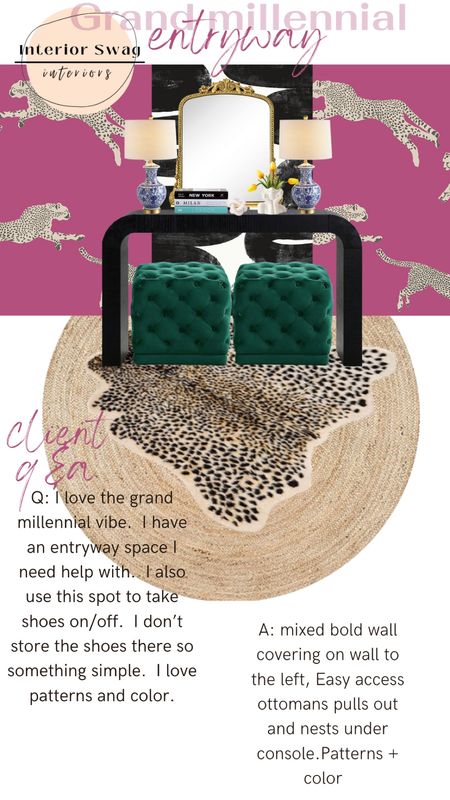Grand millennial style entryway decor, removable wall covering, peel and stick, matte black console table, green velvet tufted ottomans, chinoiserie lamps, face planter, knot decor, decor books, jute rug, leopard rug all from Amazon 

#LTKhome #LTKFind #LTKunder100