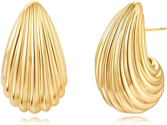 Teardrop Gold Chunky Hoop Trendy Earrings for Women, Shell Hollow Hyperallergenic 14K Gold Plated... | Amazon (US)