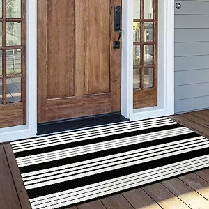 OJIA Cotton Black and White Striped Rug 24'' x 51'' Hand-Woven Indoor/Outdoor Area Rug Layered Do... | Amazon (US)