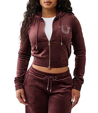 True Religion Crystal Horseshoe Coordinating Long Sleeve Zip Velour Hoodie - S | Dillard's