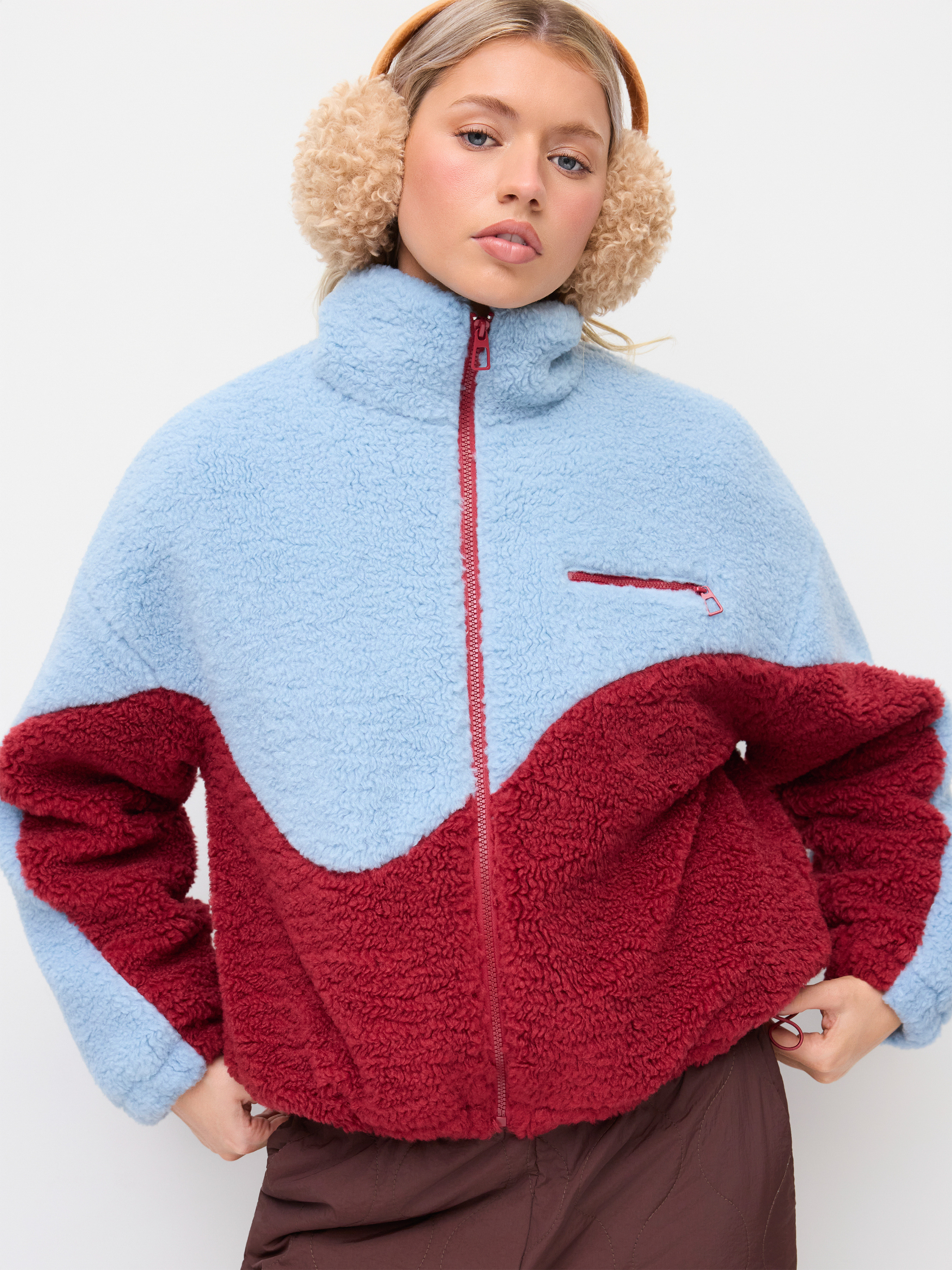 Fleece Fleece Zip Through Drawstring Stand Collar Two Tone Jacket For Daily Casual | Cider