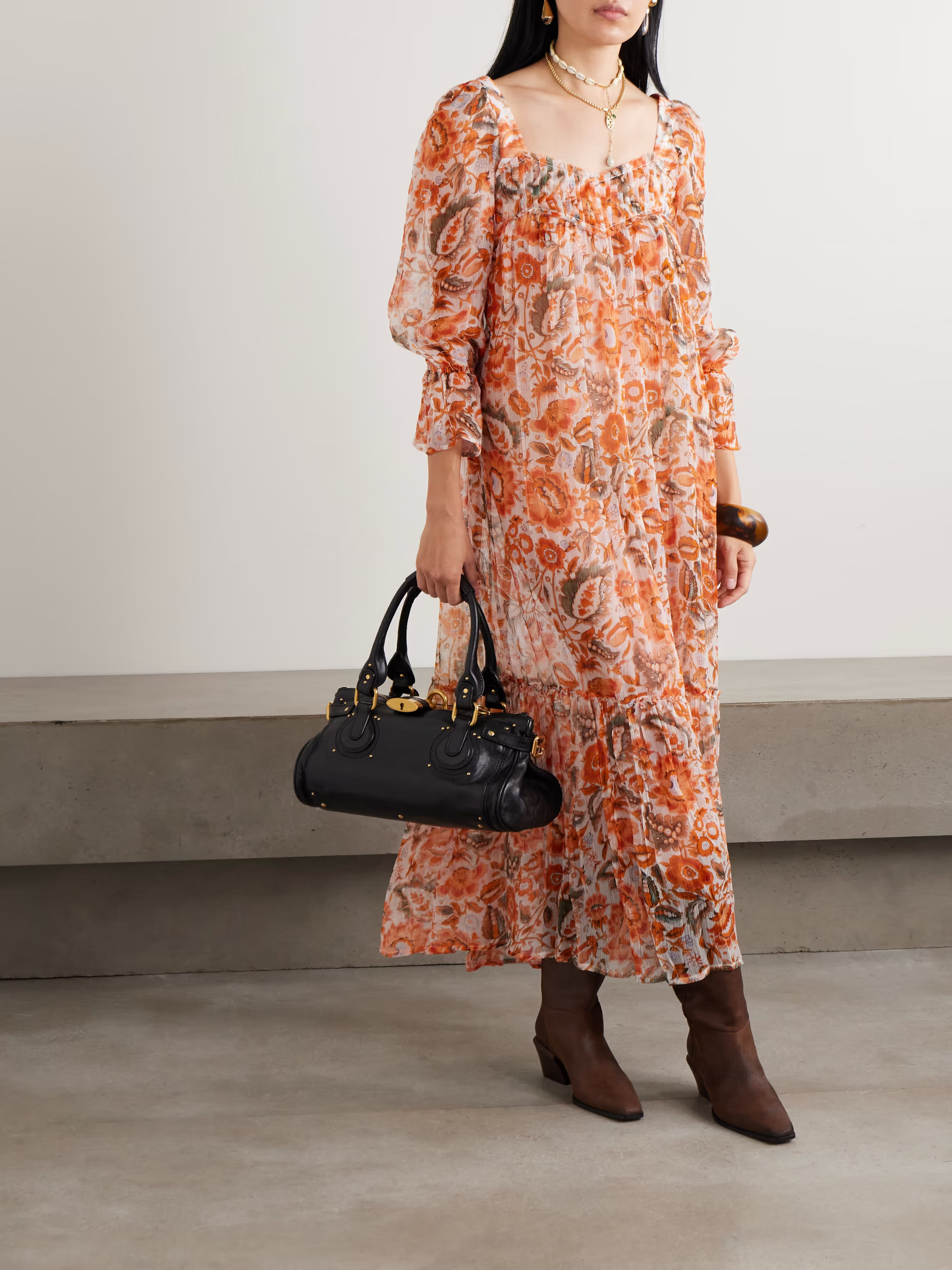 Lilium Topaz Flower pleated ruffled printed georgette midi dress | NET-A-PORTER (US)