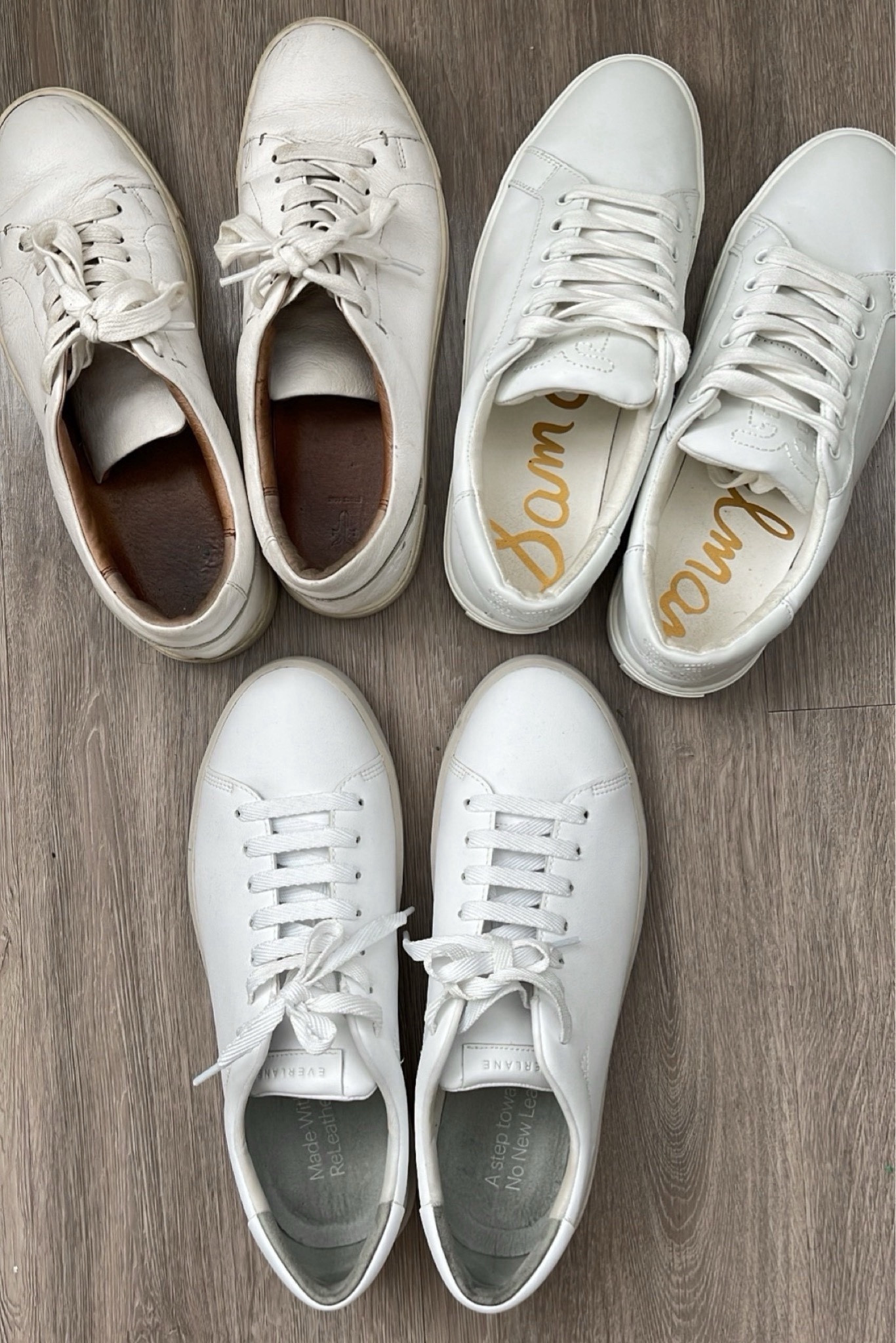 Favorite sneakers: everlane sneakers on sale! 
1. Frye sneakers - top left, mine are 3+ years old! 
2. Sam Edelman sneakers - right of picture, size up or in between sizes 
3. Everlane sneakers - bottom of picture, made from recycled leather, old + sold out, linked to a new style 

White sneakers / travel shoes 

#LTKShoeCrush