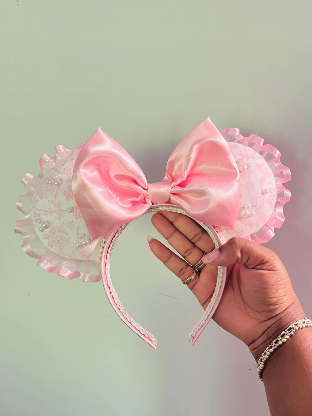 Handmade Coquette Paisley Mickey Ears, Satin Bow, Pearls, Lace Headband | Etsy (US)