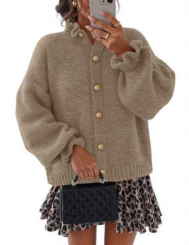 MEROKEETY Women's Fall 2026 Chunky Cardigan Sweaters Trendy Ruffle Button Down Long Sleeve Casual Knit Coat Winter Clothes, Camel, Medium | Amazon (US)
