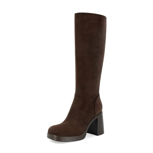 SOVANYOU Brown Knee High Boots for Women Suede Leather Boots Square Toe Platform Chunky Boot High Heel Tall Go-Go Boot | Amazon (US)