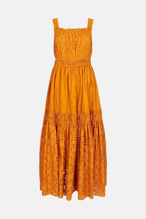 Mixed Broderie Tiered Woven Maxi Dress | Karen Millen UK & IE
