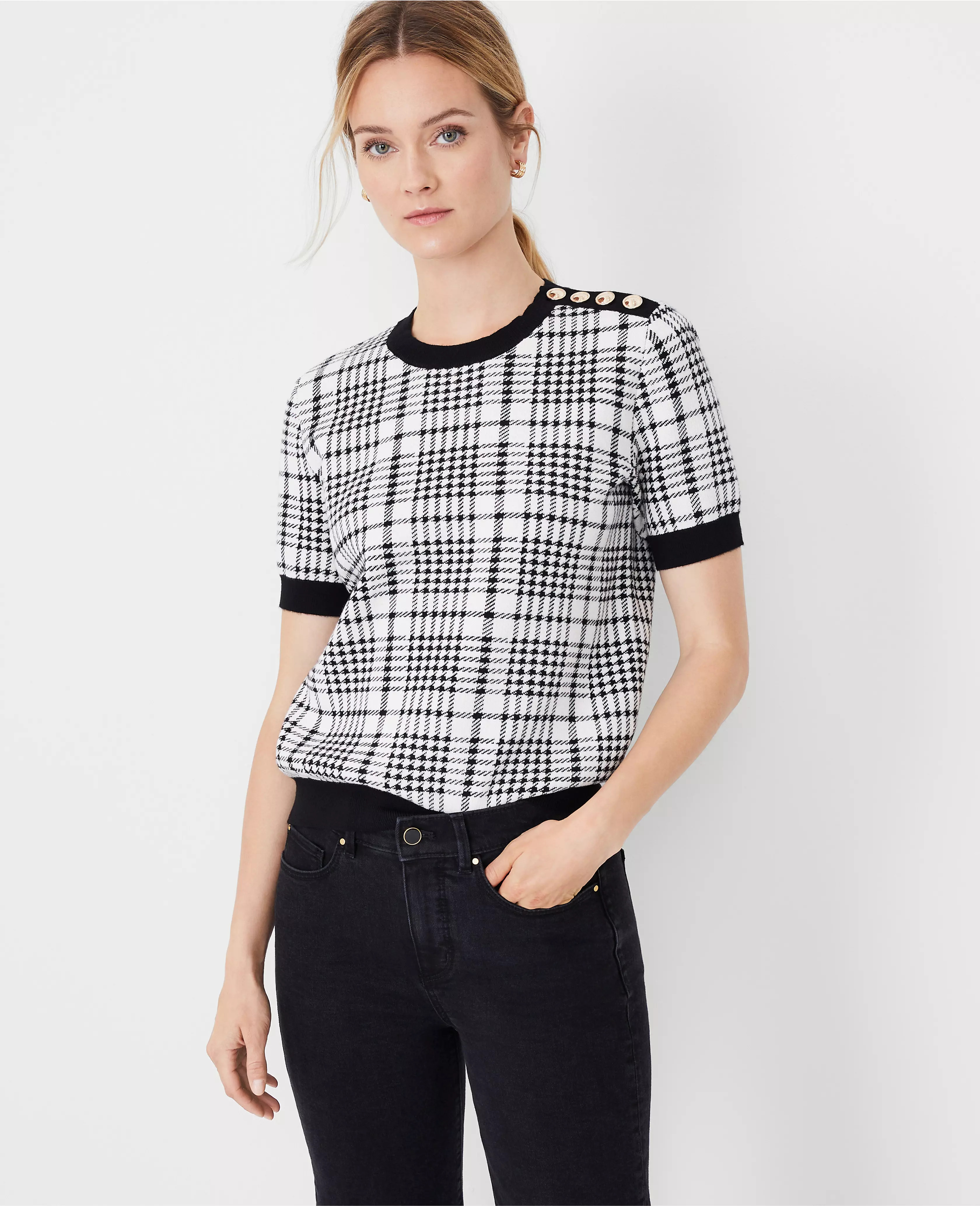 Plaid Jacquard Shoulder Button Sweater Tee | Ann Taylor (US)