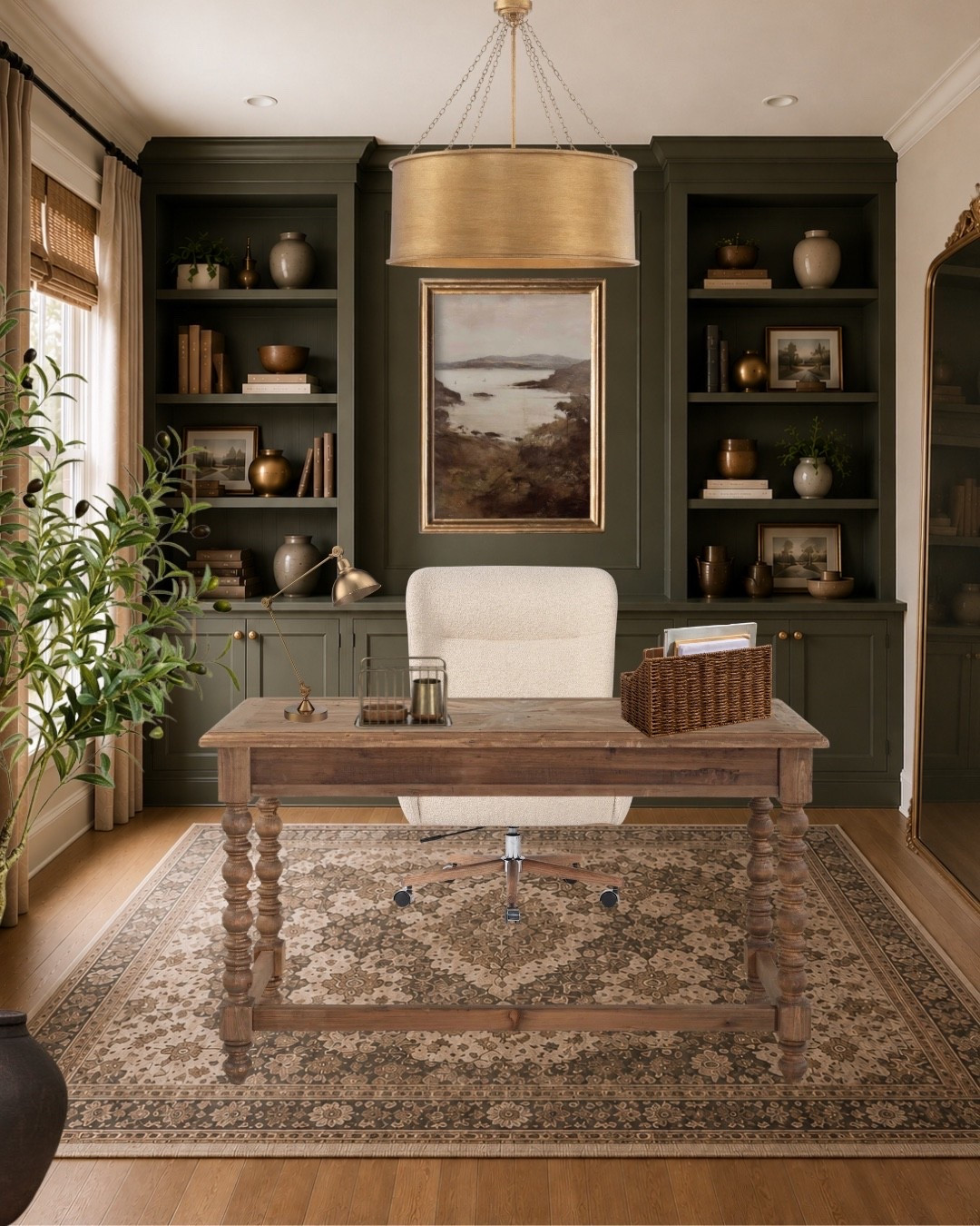 A home office should make you want to sit down and stay awhile. Instead of feeling overly polished or corporate, this one leans into warmth with rich green built-ins, layered vintage artwork, warm wood tones, aged brass, and plenty of texture to soften the space.

One thing I think makes a home office feel more personal is decorating it like the rest of your home instead of treating it like a separate workspace. Framed art, collected pottery, books you've actually read, and natural materials all help it feel connected to the rest of the house while still being practical enough for everyday life.

I've linked the exact pieces (or the closest matches) below to help you recreate a similar look in your own home.

#LTKHome