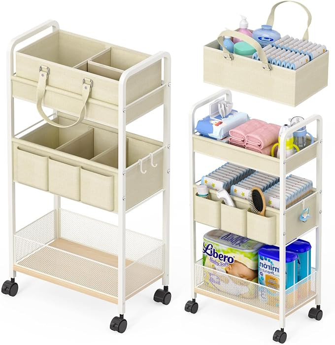 2In1 Baby Diaper Caddy & 3-Tier Rolling Cart, Diaper Caddy Organizer Carts with Dividers, Mobile ... | Amazon (US)