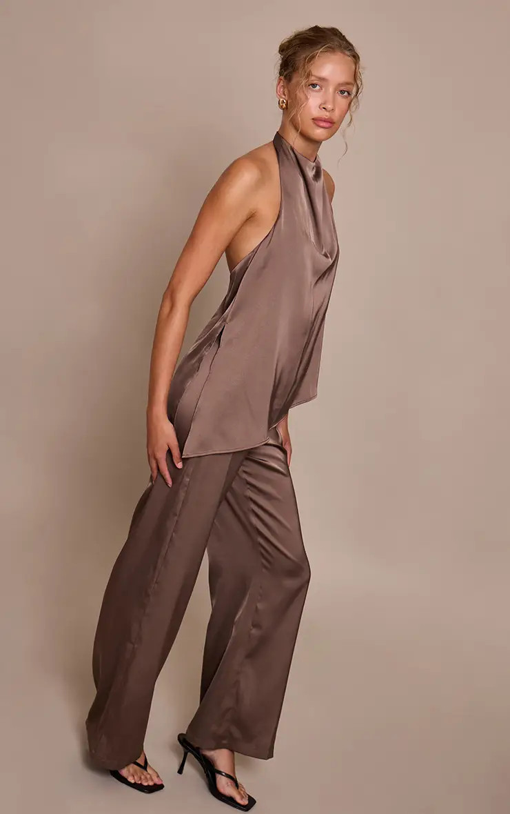 Brown PrettyLittleThing Satin Draped Halterneck Wide Leg Jumpsuit | Boohoo | Boohoo.com (UK & IE)