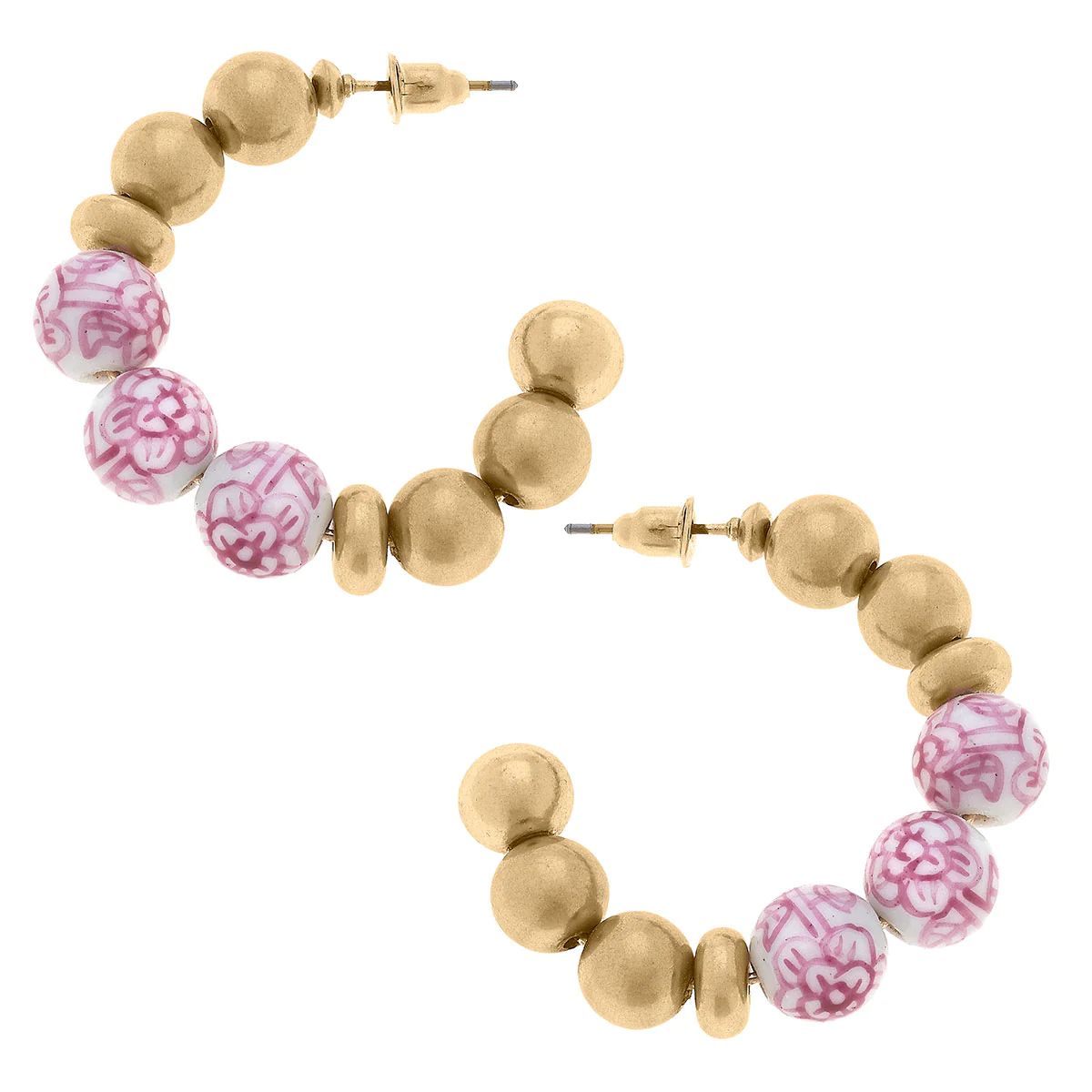 Carmen Chinoiserie & Ball Bead Hoop Earrings in Pink & White | CANVAS
