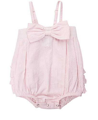 RuffleButts® Baby/Toddler Girls Pink Striped Seersucker Bubble Romper w/Bow - 2T | Amazon (US)