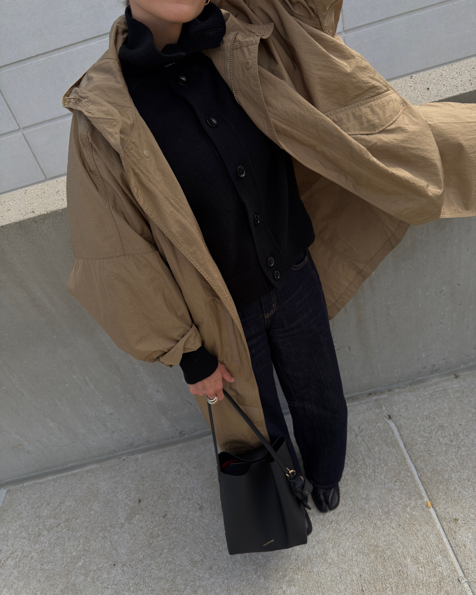 Early fall outfit. Uniqlo U sweater and jacket. Fabrique jeans (S). Maison De Sabré bucket bag. Maison Margiela Tabi boots.

#LTKfall #LTKmodest #LTKstyletip