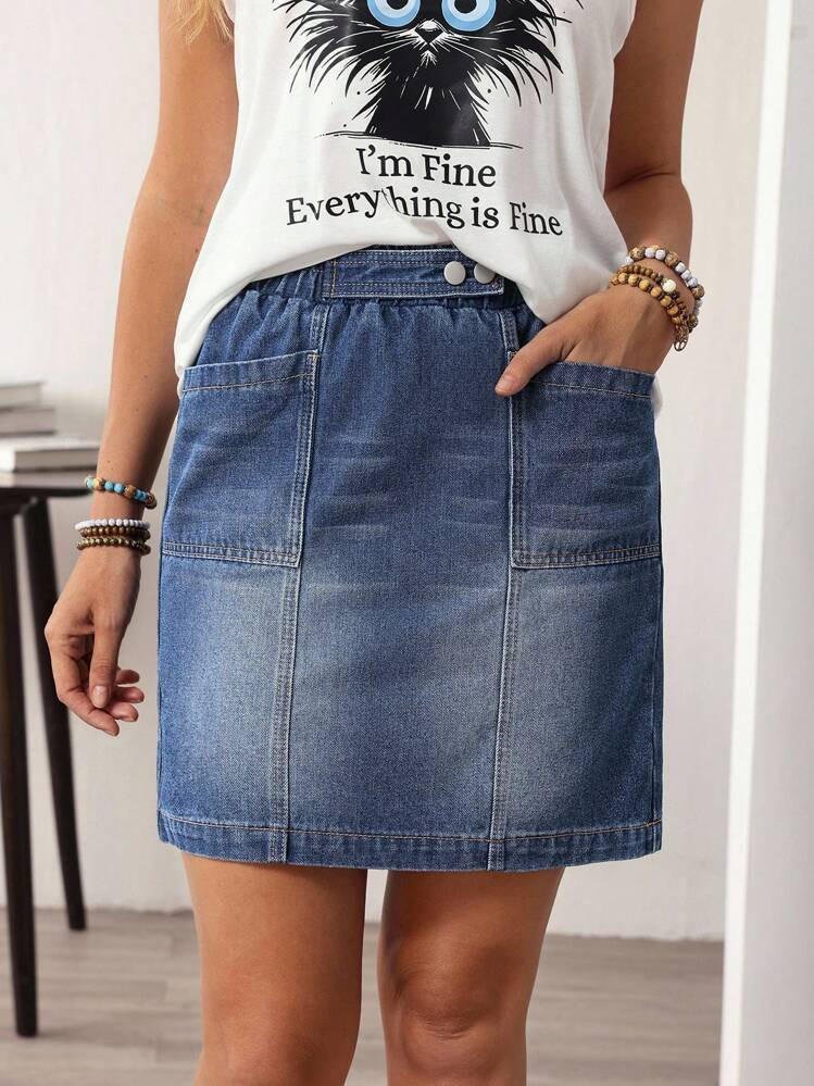 Women Casual Cotton Denim Straight Mini Skirt With Pockets, Versatile | SHEIN