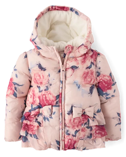 Girls Long Sleeve Floral Ruffle Microfleece Lined Puffer Jacket - On Pointe - PINK | Gymboree | Gymboree
