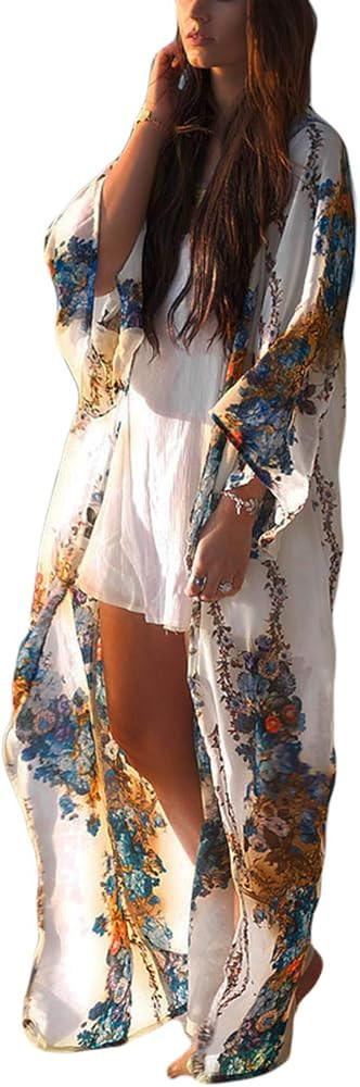 AILUNSNIKA Women Sexy Print Open Front Kimono Cardigan Loose Beach Cover Up Dress | Amazon (US)