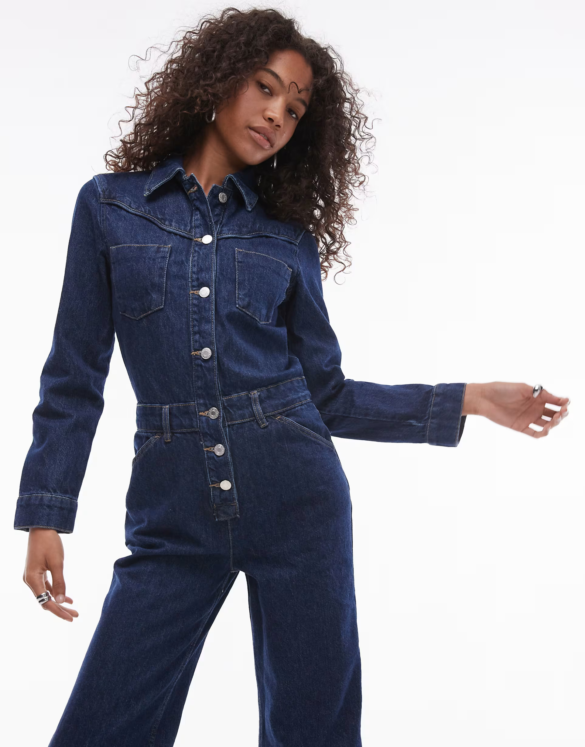 Mango button detail denim jumpsuit in light blue | ASOS (Global)