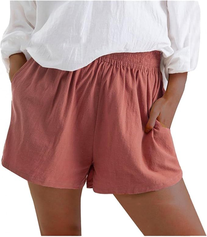KGBRALP Summer Shorts for Women, Women's High Waist Elastic Waist Shorts Pockets Comfy Loose Loun... | Amazon (US)