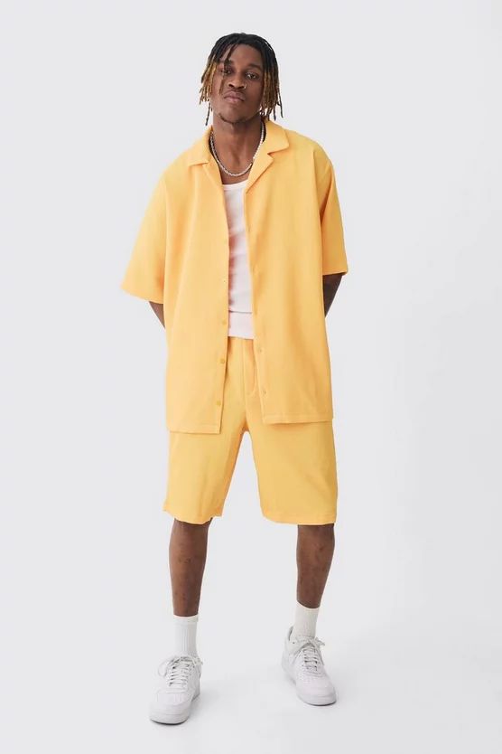 Tall Oversized Pleated Shirt & Short Set In Yellow | boohooMAN (US & Canada)