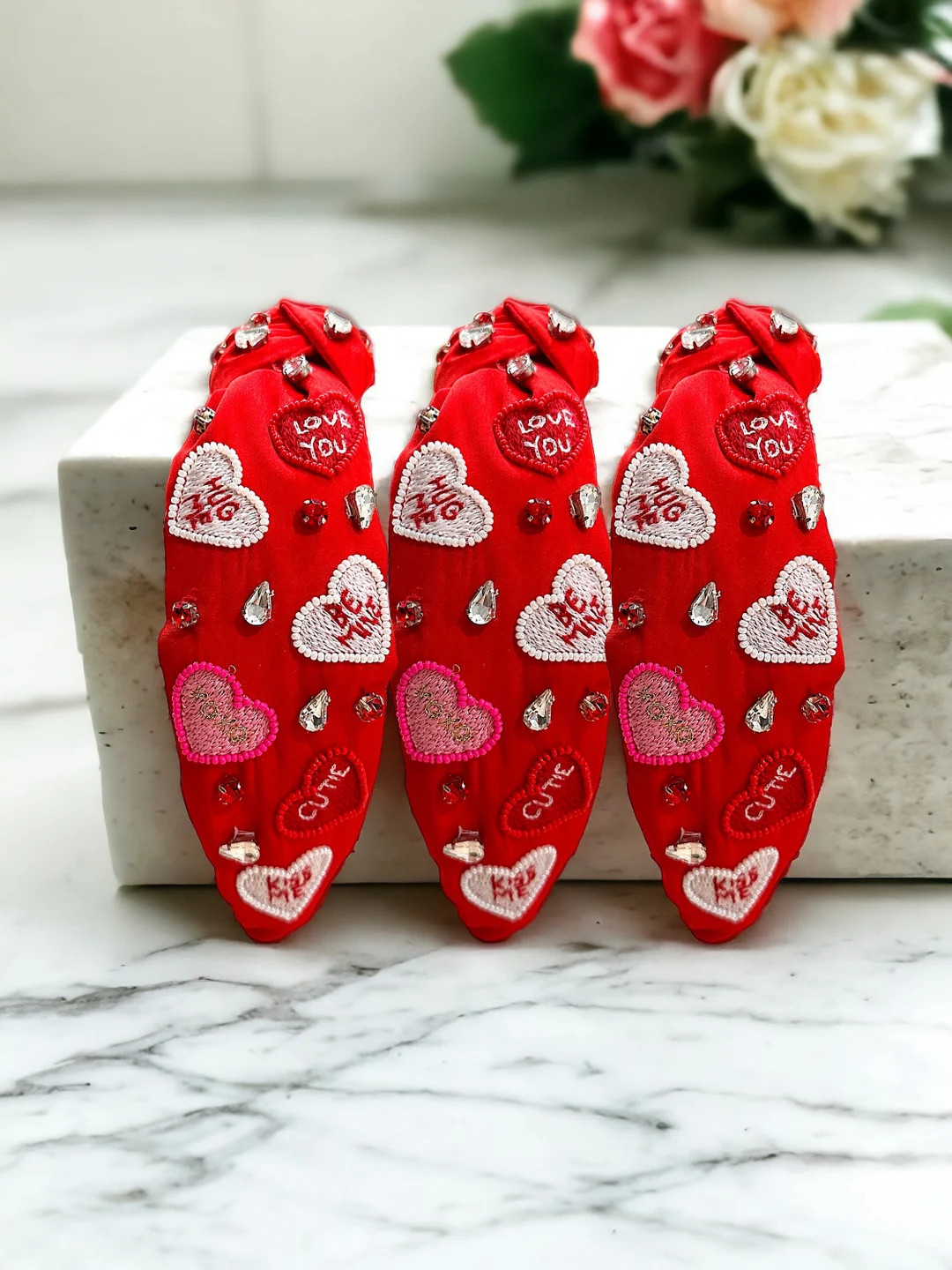 Conversation Heart Headband Valentines Headband Top Knot Hand Sewn Headband for Women Crystal Bea... | Etsy (US)