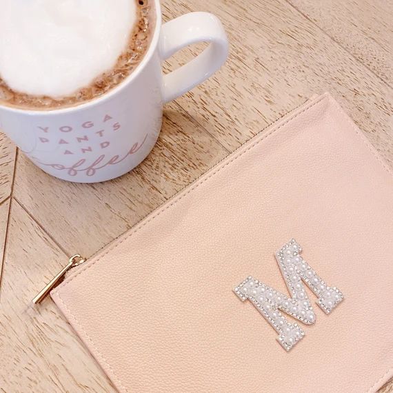Pearl Letter Monogram Patch Faux Leather Pouch-Vegan Cosmetic | Etsy | Etsy (US)