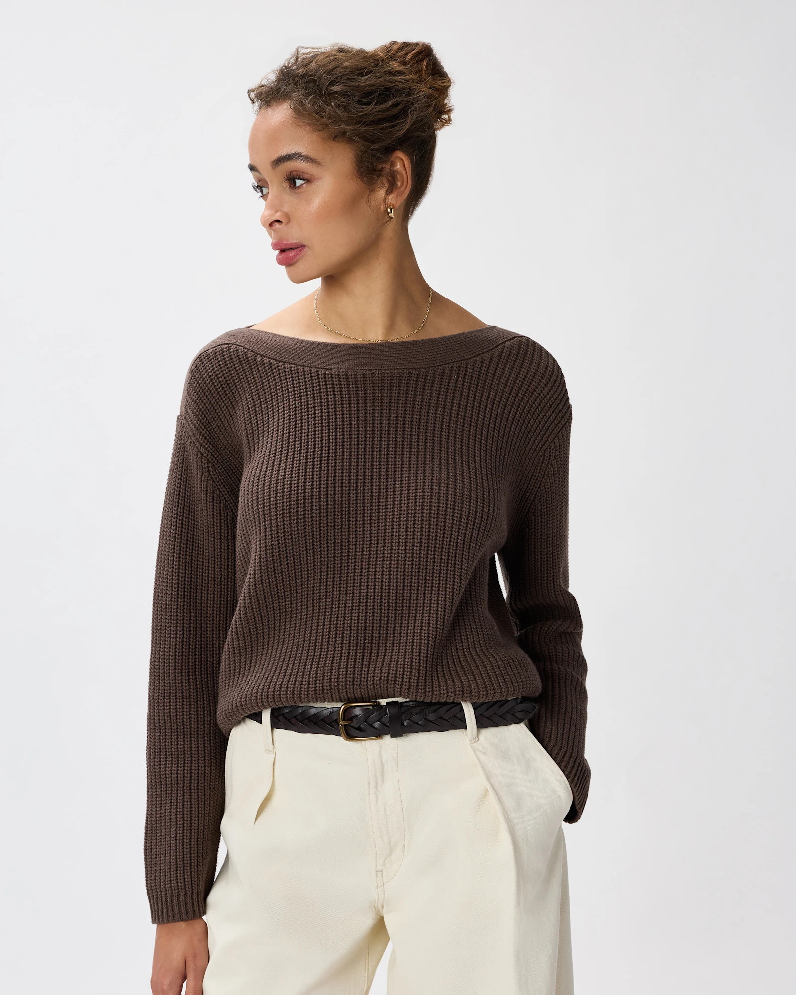 Quince | Women's Fisherman Boatneck Sweater in Black, Size Large, Organic Cotton | Quince