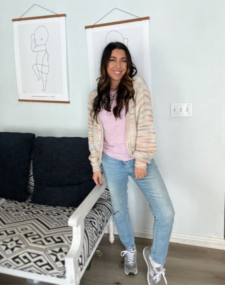 Feeling effortlessly stylish in this colorful knit cardigan! 💜🌈 Paired with light wash jeans and comfy New Balance shoes, this look is perfect for a casual day out or running errands. Don't be afraid to add a pop of color to your wardrobe and show off your unique style! #fashionblogger #colorfulstyle #casualoutfit #newbalance 

#LTKfindsunder50 #LTKshoecrush #LTKSeasonal