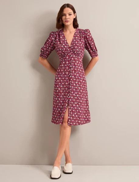 Julietta Silk Short Dress - Burgundy Trellis Print | Cefinn