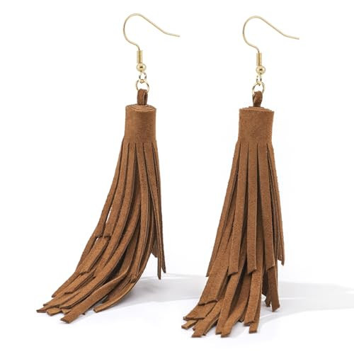 Leather Layed Tassel Earrings Boho - Lightweight Leather Fringe Earrings Dangle, Handmade Western Earrings for Women Cowgirl (BROWN) | Amazon (US)