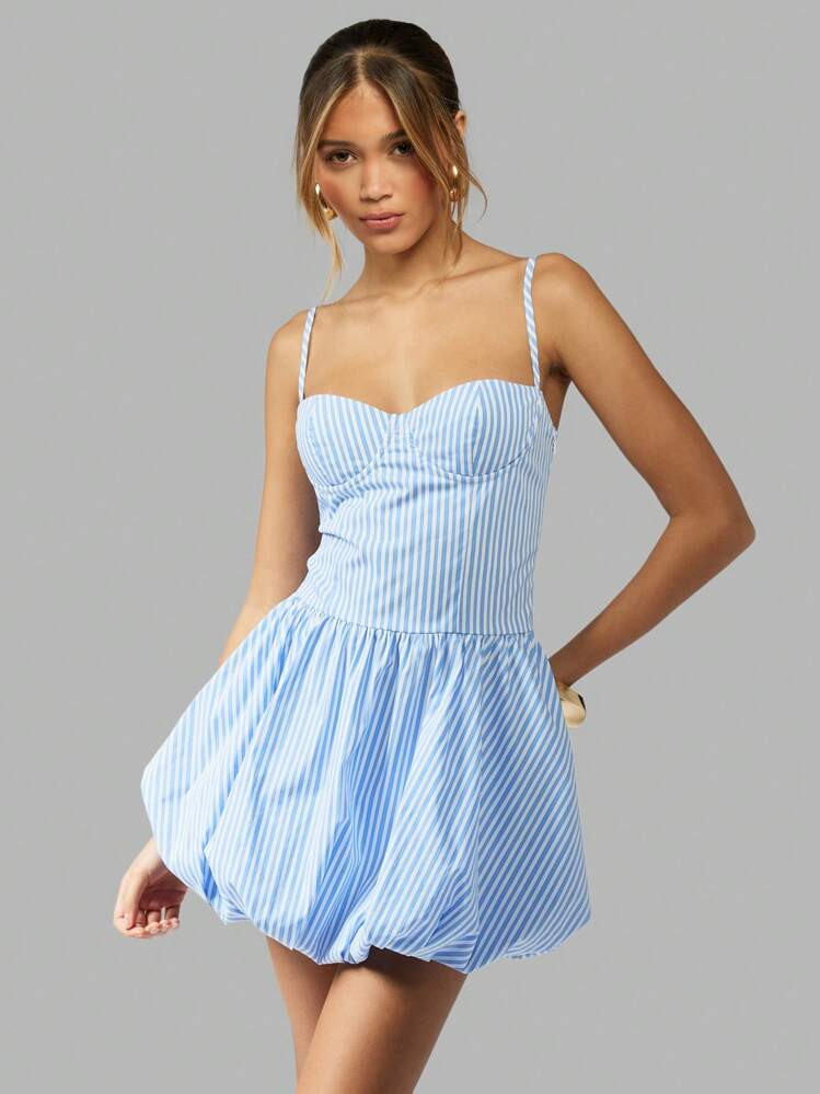 MISSGUIDED Bubble Hem Mini Dress Sweetheart Neckline Spaghetti Strap Summer Spring Fit And Flare Striped Cotton Blend Party Cocktail Wedding Guest Sundress | SHEIN