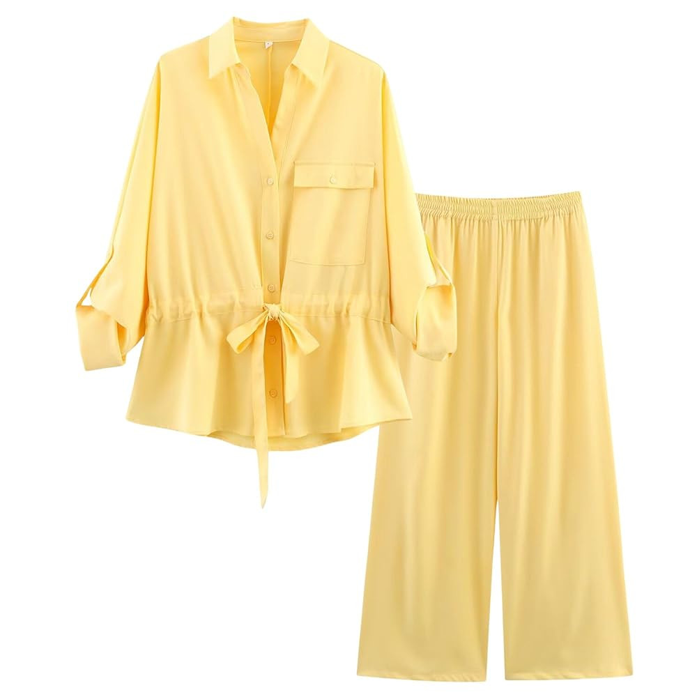 Xunger Women's 2 Piece Outfits Casual Set Roll Up Sleeves Drawstring Waist Shirt Comfortable Pant... | Amazon (US)