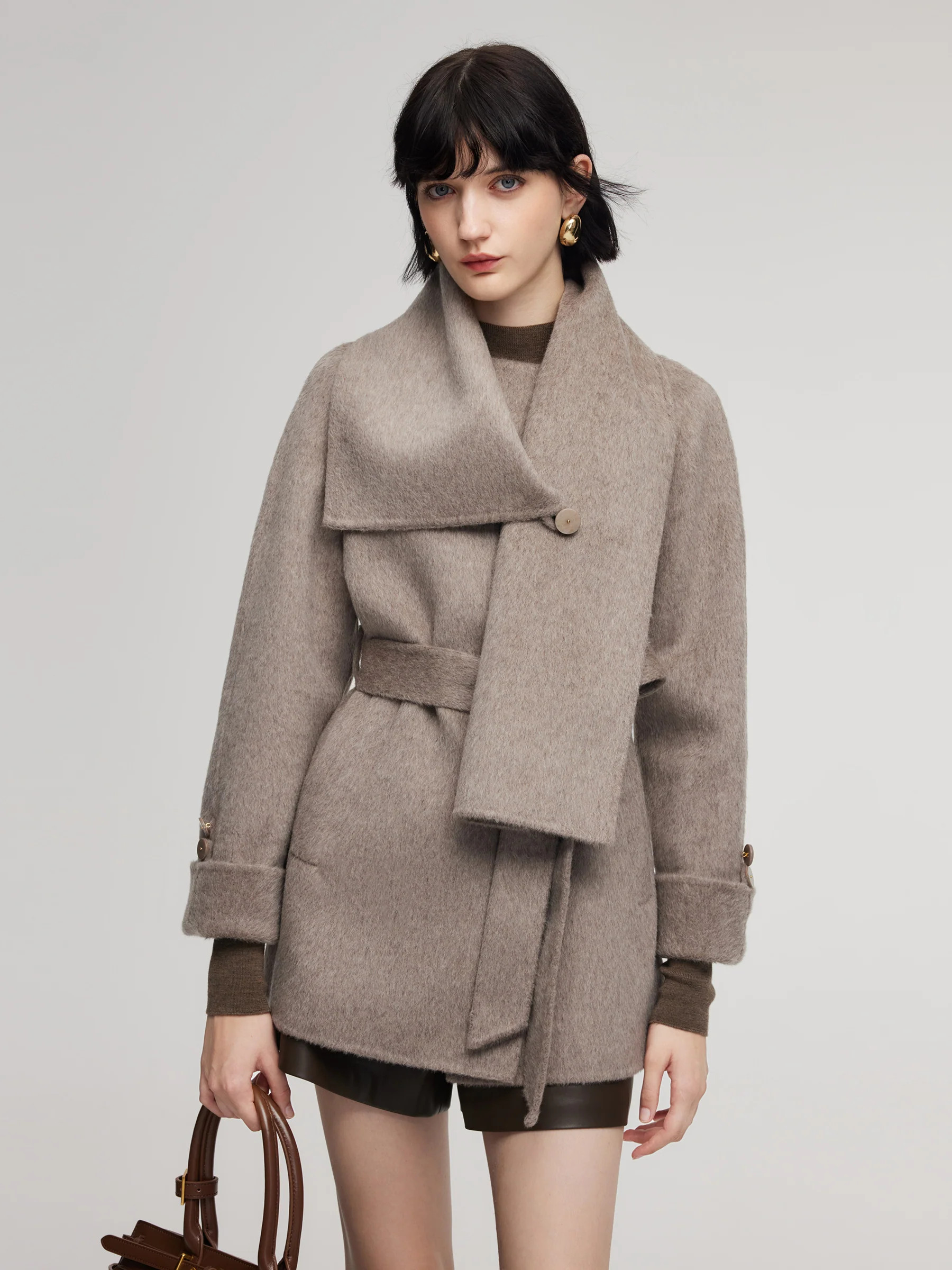 Alpaca Wool Blend Double-Faced Women Wrap Coat With Scarf | GOELIA