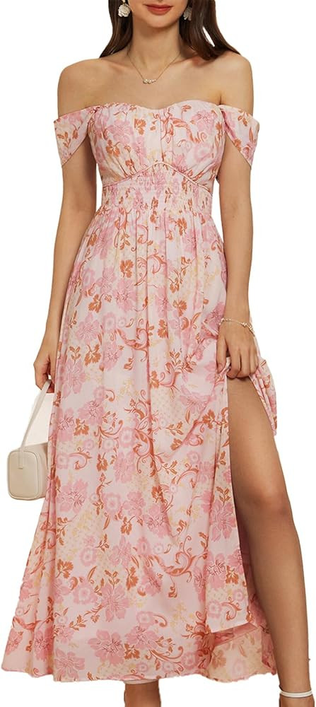 GRACE KARIN 2024 Women's Summer Floral Print Flowy A Line Dresses Sleeveless Smocked Off Shoulder... | Amazon (US)
