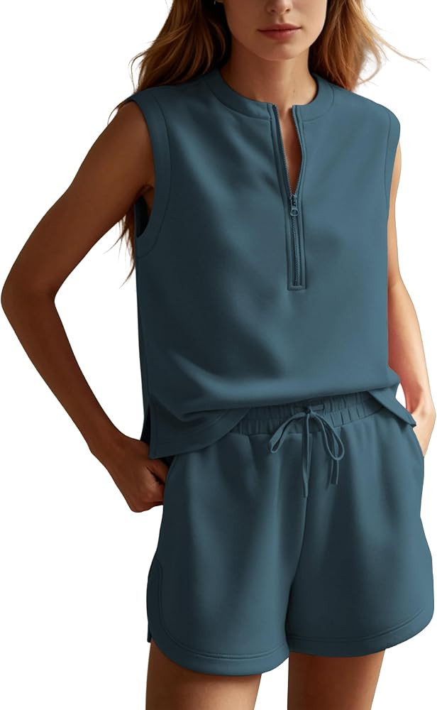 Womens Summer 2 Piece Matching Set Sleeveless Half Zip Tank Top High Waist Shorts Daily Travel Ou... | Amazon (US)