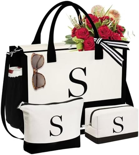 YOOLIFE Christmas Gifts for Women - Initial Canvas Tote Bag & Makeup Bag, Birthday Gifts for Wome... | Amazon (US)