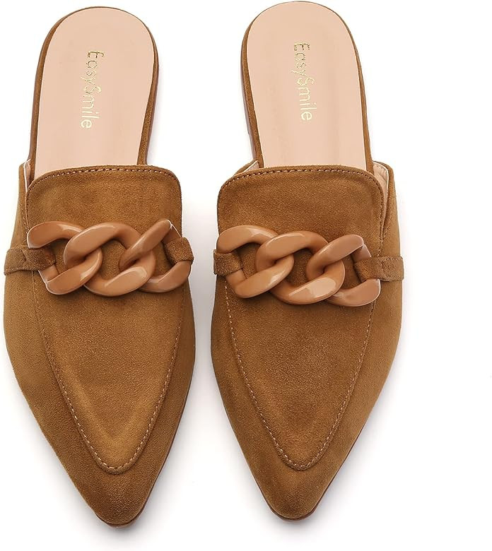 EasySmile Metal Chain Decor Flat Mules for Women Closed Pointed Toe Slip on Loafers Slides Backless  | Amazon (US)