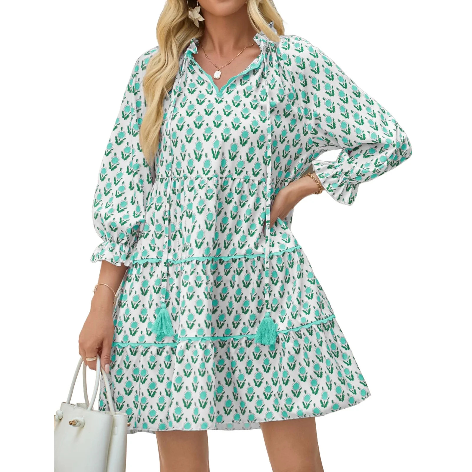 Floral Print Loose Long Sleeved Women V-neck Ruffle Tassel Mini Dress | Walmart (US)