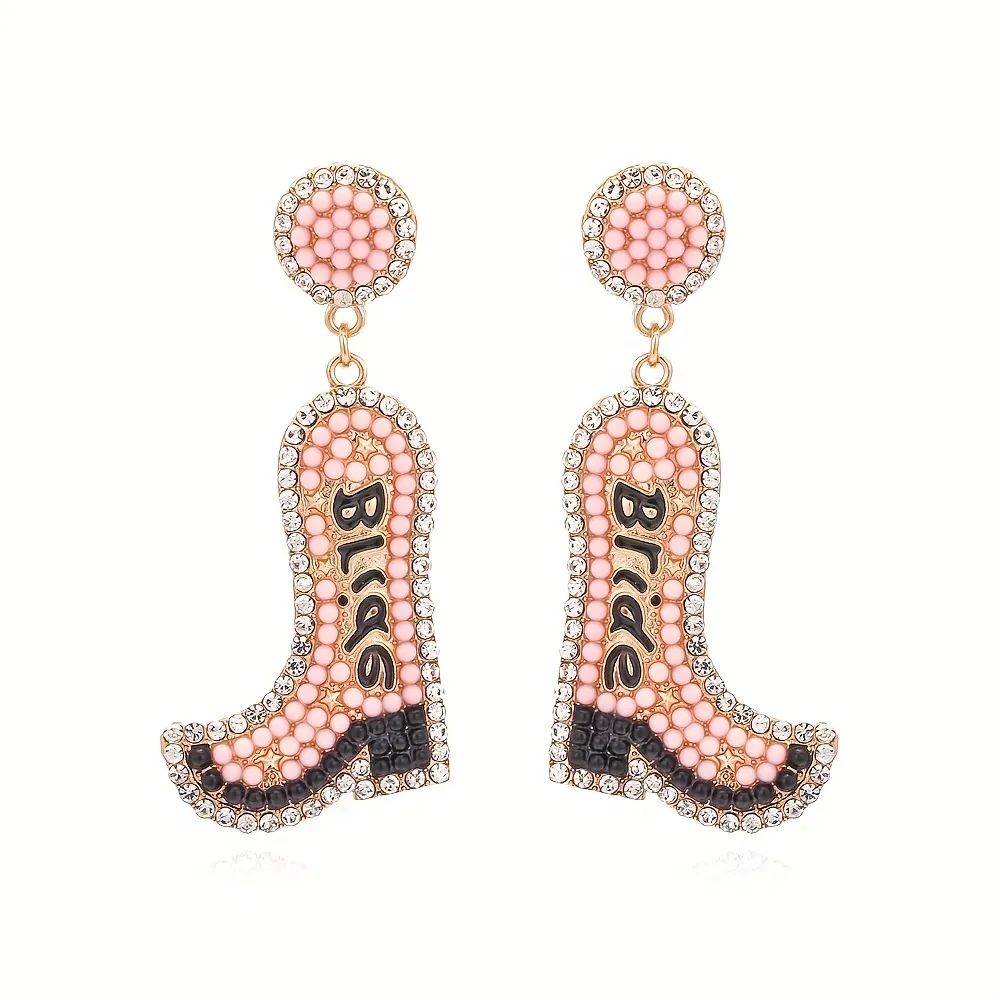 Letter Bride Rice Beads Decor Boots Shape Dangle Earrings Cute Western Style Alloy Jewelry Trendy... | Temu Affiliate Program