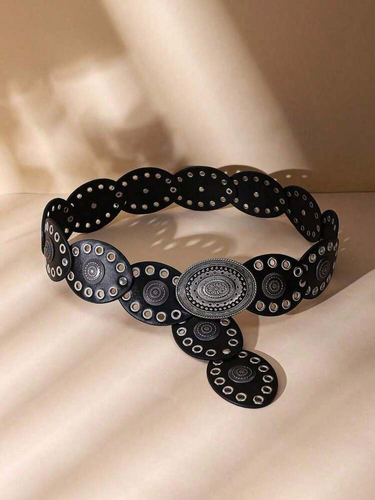 1pc Western Cowgirl Boho Style Women's Belt, Boho Belt, Western Belt, Gothic Velvet Patchwork Belt, Women's Fashion Accessory, Autumn/Winter Coffee & Antique Bronze Floral Oval Belt, Dress Accessory, Party, Beach, Music Festival, Y2K Style Belt, Valentine's Day | SHEIN