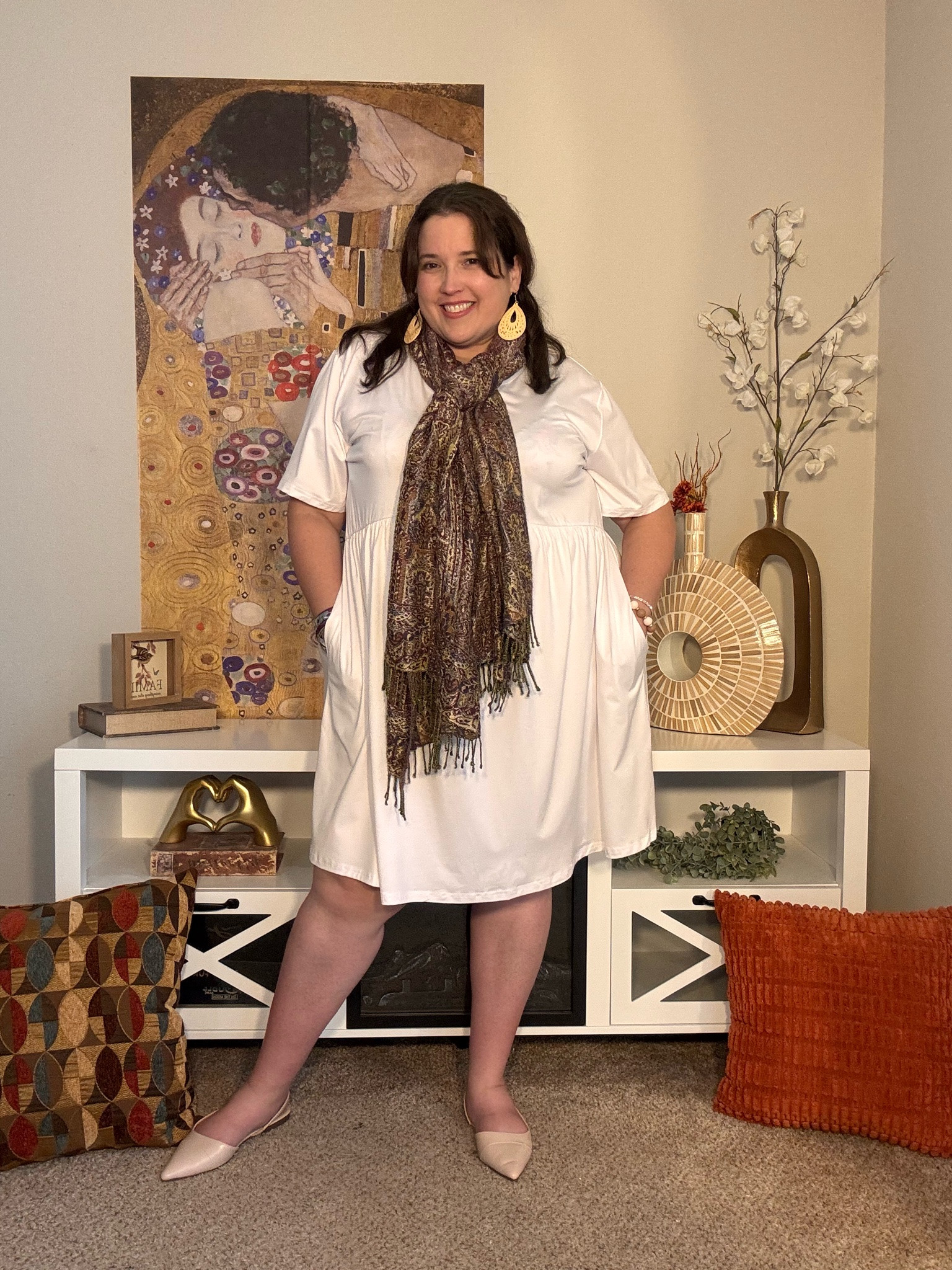 The perfect plus size white dress outfit for an effortlessly chic, elevated look! I styled this classic white short sleeve dress with a printed scarf and neutral pointed-toe flats for an easy transitional fall outfit. I love how the scarf adds warm autumn tones while keeping the look comfortable, feminine, and polished. Perfect for workwear, brunch, church, casual events, date night, or everyday fall style.

Search keywords: plus size fashion, plus size fall outfit, white dress outfit, fall dress, transitional fall fashion, plus size dress, scarf outfit, neutral outfit, curvy fashion, midsize and plus size style, affordable fashion, fall outfit ideas 🤎🍂

#LTKSeasonal #LTKPlusSize #LTKMidsize