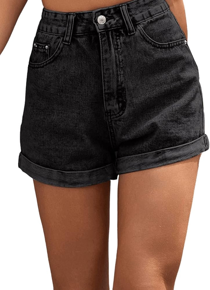 SweatyRocks Women's High Rise Roll Up Hem Straight Leg Denim Jean Shorts with Pocket | Amazon (US)